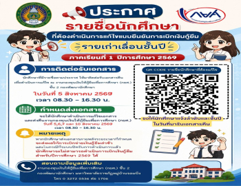 ประกาศรายชื่อนักศึกษาที่ต้องดำเนินการแก้ไขแบบยืนยันการเบิกเงินกู้ยืม กยศ. (รายเก่าเลื่อนชั้นปี) ภาคเรียนที่ 1 ปีการศึกษา 2569