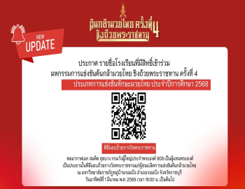 ประกาศรายชื่อโรงเรียนที่ผ่านการตรวจสอบคุณสมบัติและมีสิทธิ์เข้าร่วมการแข่งขัน มหกรรมการแข่งขันต้นกล้ามวยไทย ชิงถ้วยพระราชทาน ครั้งที่ 4