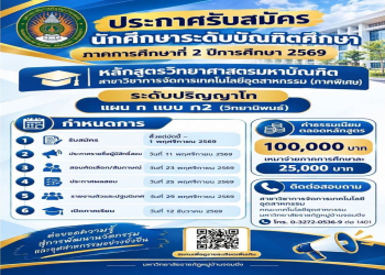 ประกาศรับสมัครนักศึกษาใหม่ ภาคเรียนที่ 2/2569 “หลักสูตรวิทยาศาสตรมหาบัณฑิต สาขาวิชาการจัดการเทคโนโลยีอุตสาหกรรม” ระดับบัณฑิตศึกษา (ภาคพิเศษ)