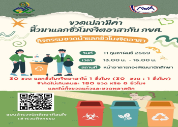 กองพัฒนานักศึกษา เชิญชวนนักศึกษาร่วมกิจกรรม “ขวดเปล่ามีค่า หิ้วมาแลกชั่วโมงจิตอาสากับ กยศ.” 